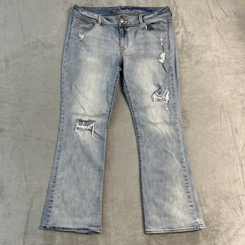 American Eagle Kick Boot Jeans Womens 16 Short Distressed Flare Light Wash